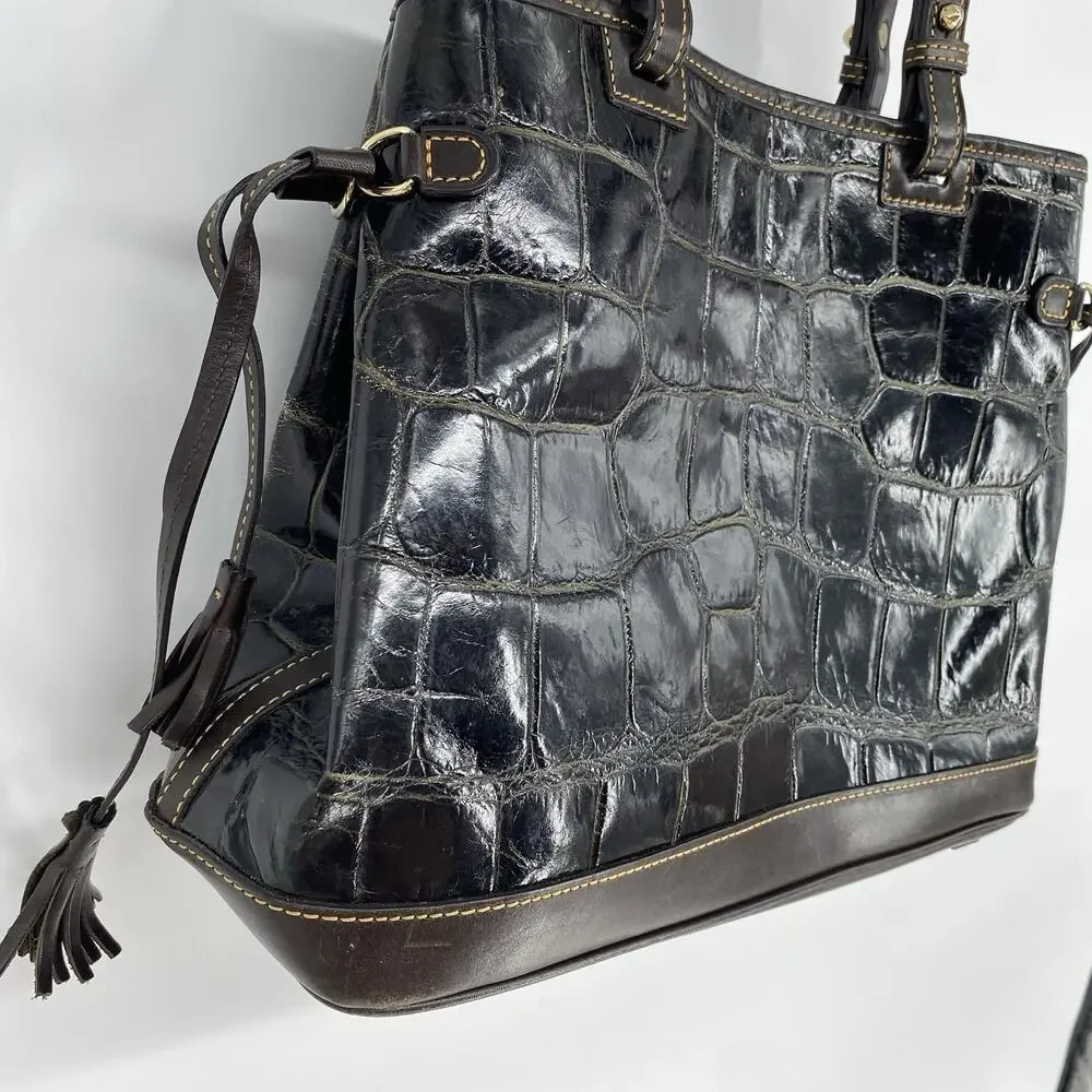 Dooney & Bourke Croco Embossed Leather Tassel Shoulder Tote Bag Brown